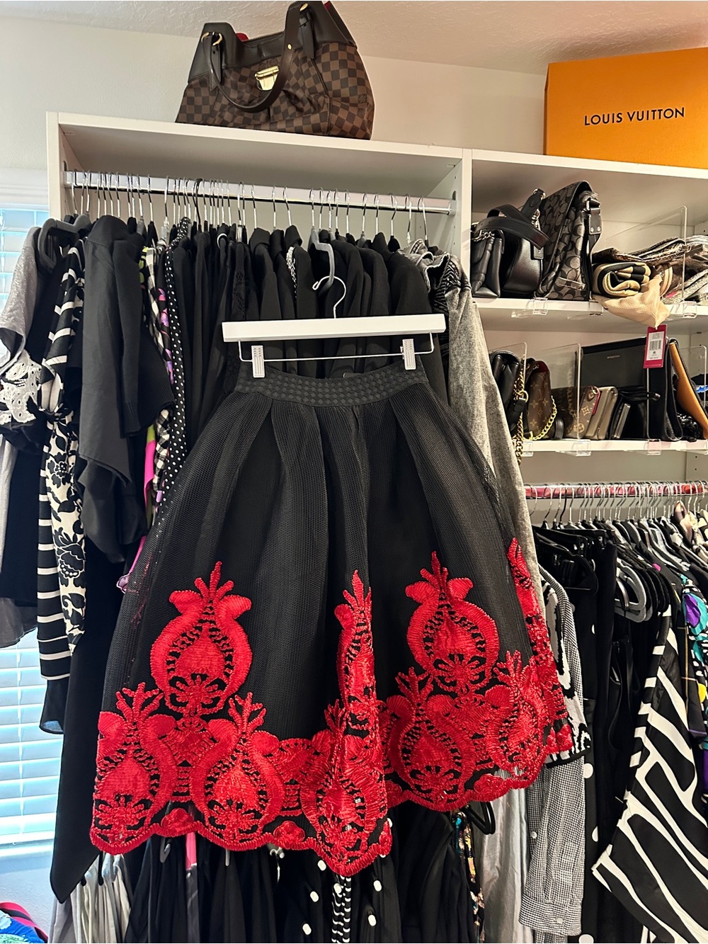 Ina Black Circle Skirt with Red Embroidered Hem